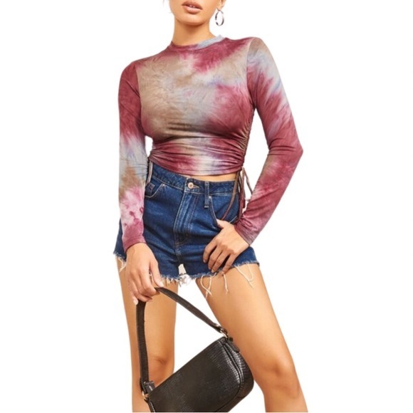 SHEIN Tops - SHEIN Multicolor Tie-Dye Drawstring Knot Side Crop Top, Size 2